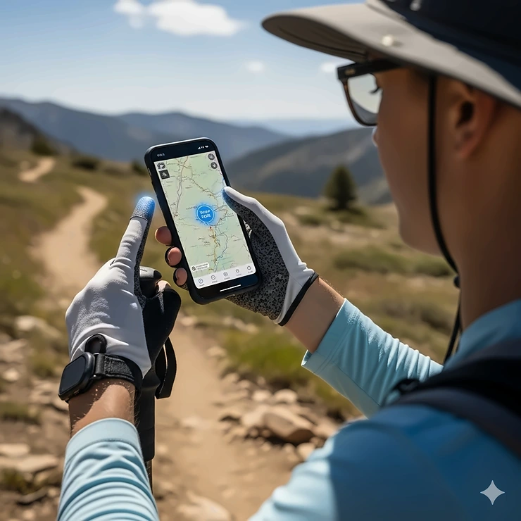 A hiker wearing a pair of sun gloves with a touchscreen-compatible finger, using their smartphone to check a map on the trail. The gloves offer protection without sacrificing functionality.