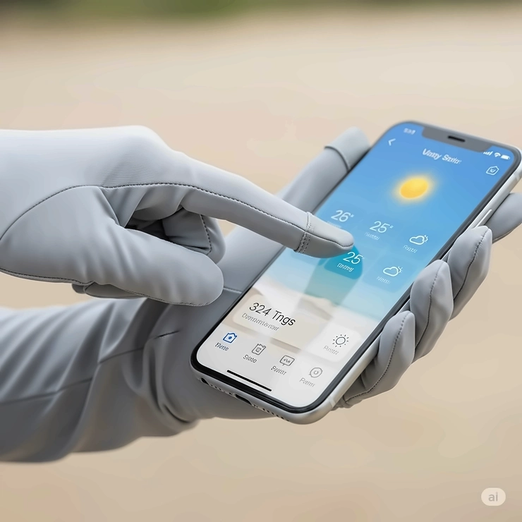A user's finger wearing a sun protection glove interacting with a smartphone screen, illustrating the gloves' seamless touchscreen compatibility.