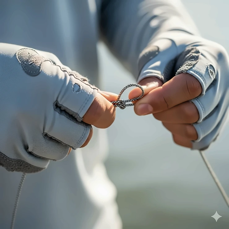 Hands in lightweight fishing gloves demonstrating the dexterity required to tie a fishing knot, proving that sun protection doesn't hinder performance.