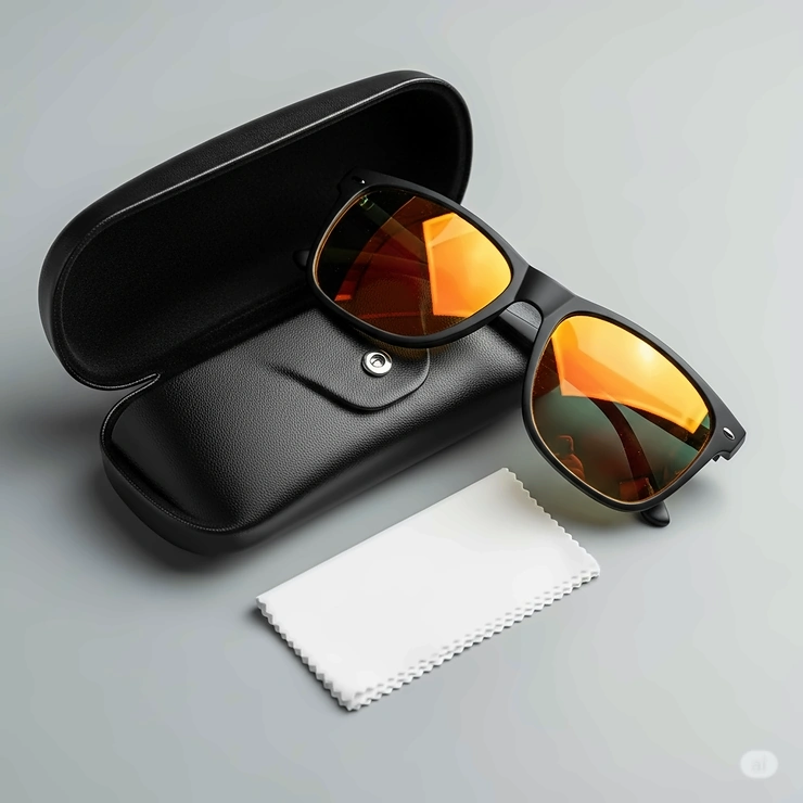 A flat-lay shot of new orange lens sunglasses being unboxed from their protective case, with cleaning cloth included.