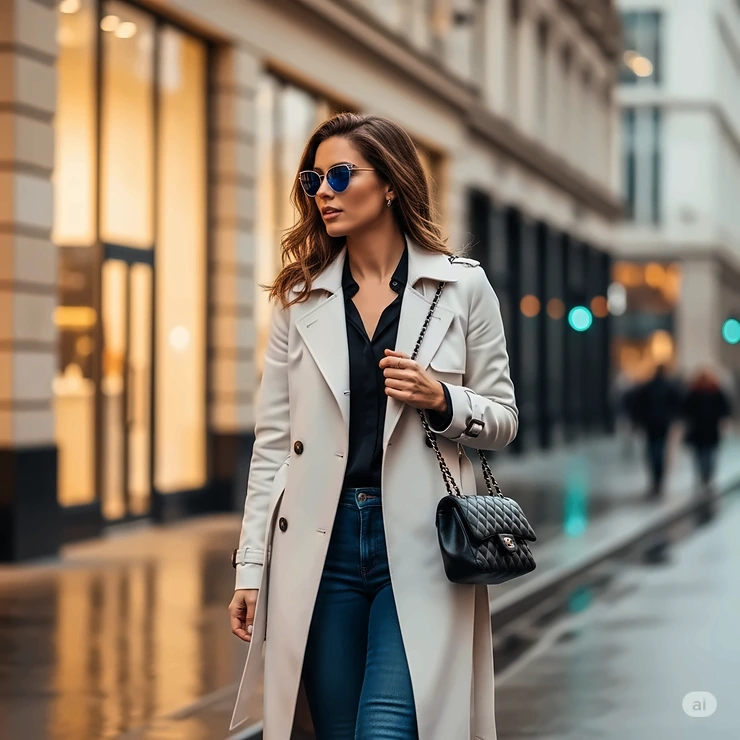 A chic woman walking in a city, wearing a sophisticated outfit and a pair of elegant blue women's sunglasses.