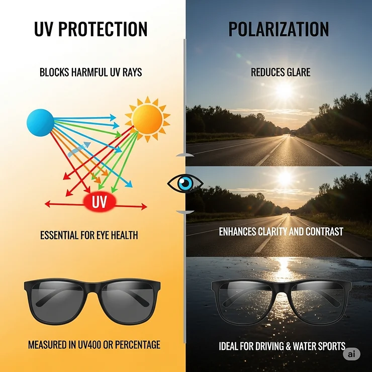 An infographic illustrating the difference between UV protection and polarization, showing that while polarization reduces glare, UV protection shields your eyes from harmful ultraviolet rays. This clarifies a common misconception about polarized lenses.