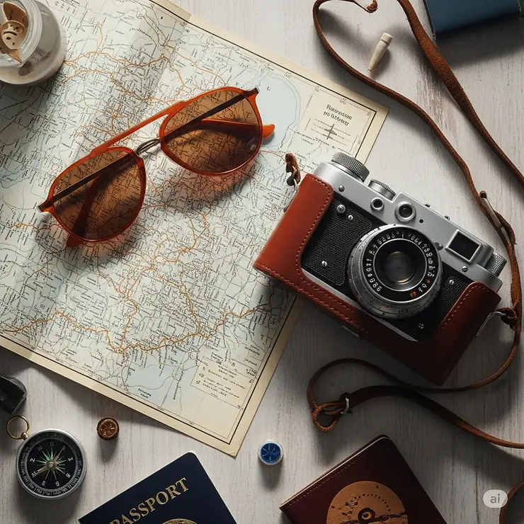 A flat lay image of vintage-inspired orange aviator sunglasses placed next to a retro camera and a map, evoking a sense of adventure.