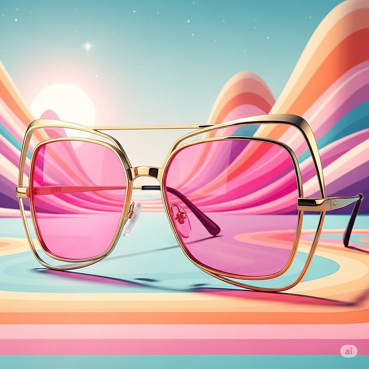 A pair of vintage-inspired pink lens sunglasses with a unique frame shape, set against an artistic, retro background.