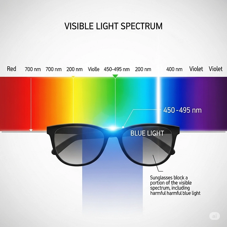 An infographic illustrating the visible light spectrum, with the blue light portion highlighted, and a pair of sunglasses placed to show which part of the spectrum they effectively block.