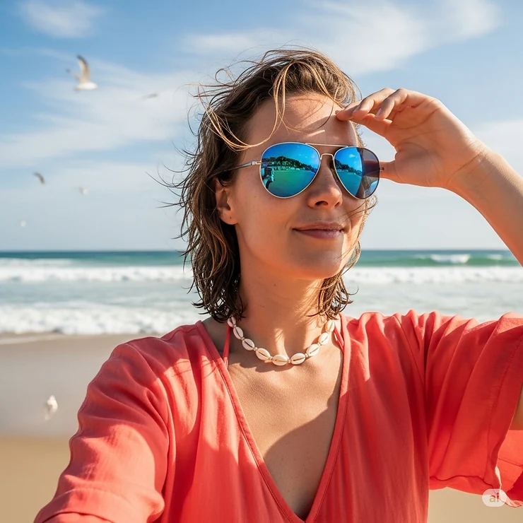 A woman enjoying a sunny day at the beach, shielding her eyes with fashionable blue aviator sunglasses.