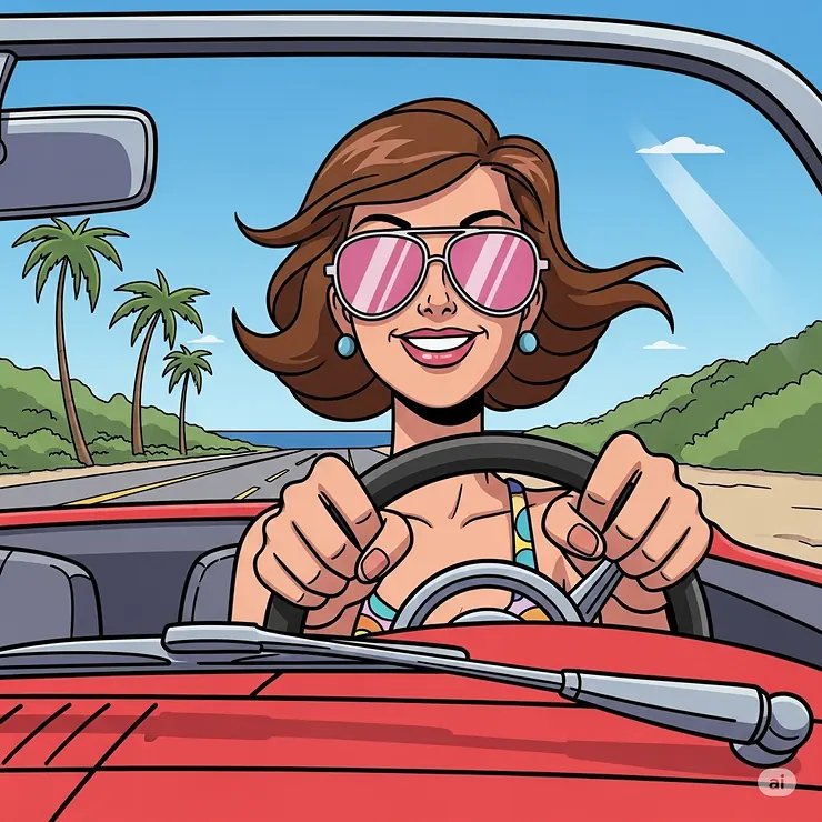 A cartoon illustration of a woman confidently driving in a convertible, wearing pink aviator sunglasses to protect her eyes from the sun.