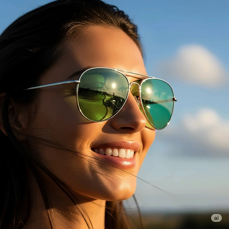 A woman smiles while wearing a pair of green tinted aviator sunglasses. The metallic frame and green lenses provide a sleek and modern aesthetic.
