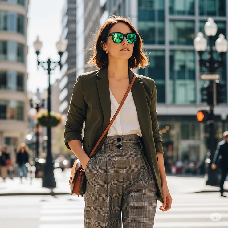 A woman in a stylish urban setting, wearing fashionable green polarized sunglasses to complement her chic outfit.