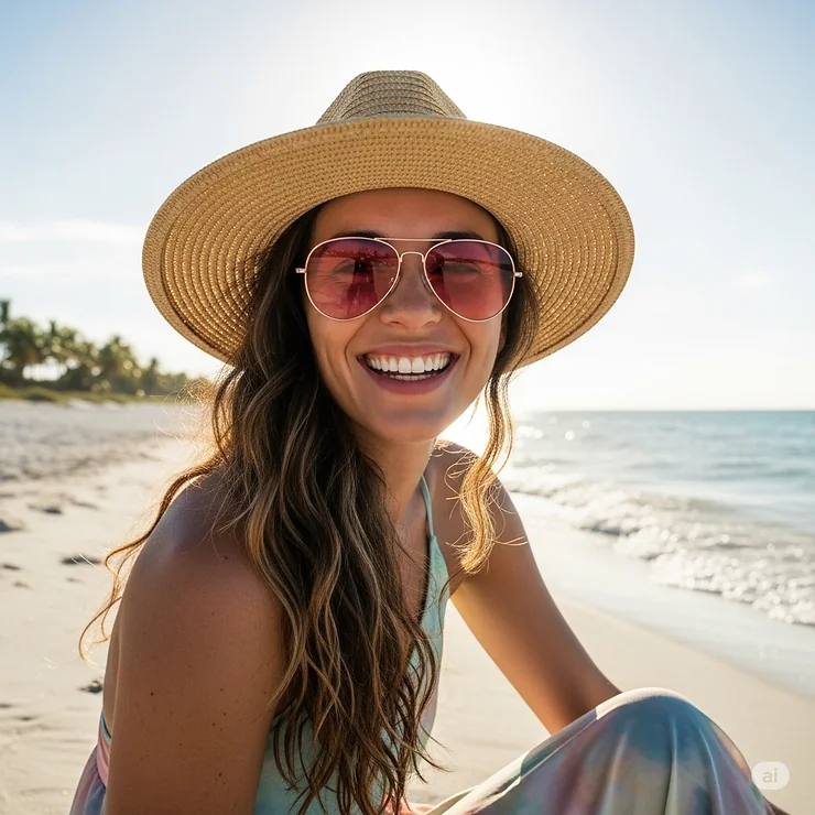 A woman smiling while sitting on a beach, wearing a wide-brimmed hat and trendy pink aviator sunglasses.