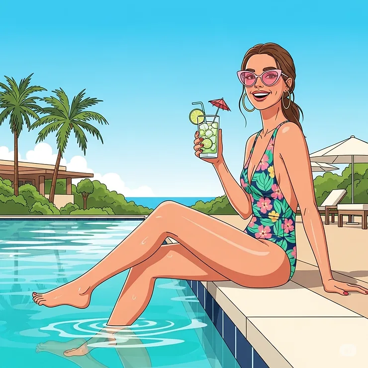 A digital illustration of a happy woman on vacation, sitting by a pool with a cool drink, wearing stylish pink-tinted sunglasses.