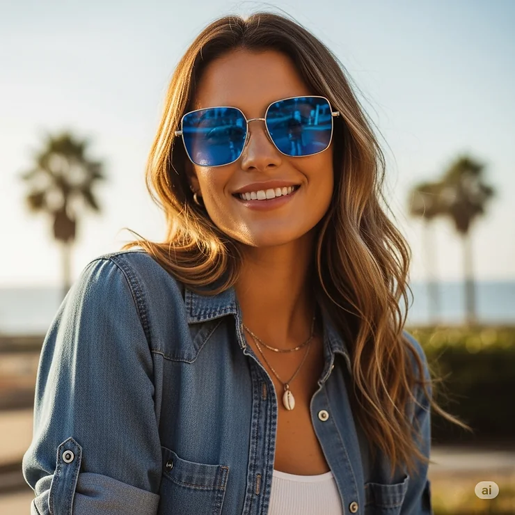 Woman smiling and wearing chic blue lenses sunglasses, showcasing a casual summer style.