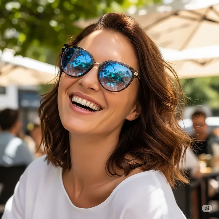 A happy woman smiling outdoors, confidently sporting her chic blue tinted sunglasses, perfect for a sunny day.
