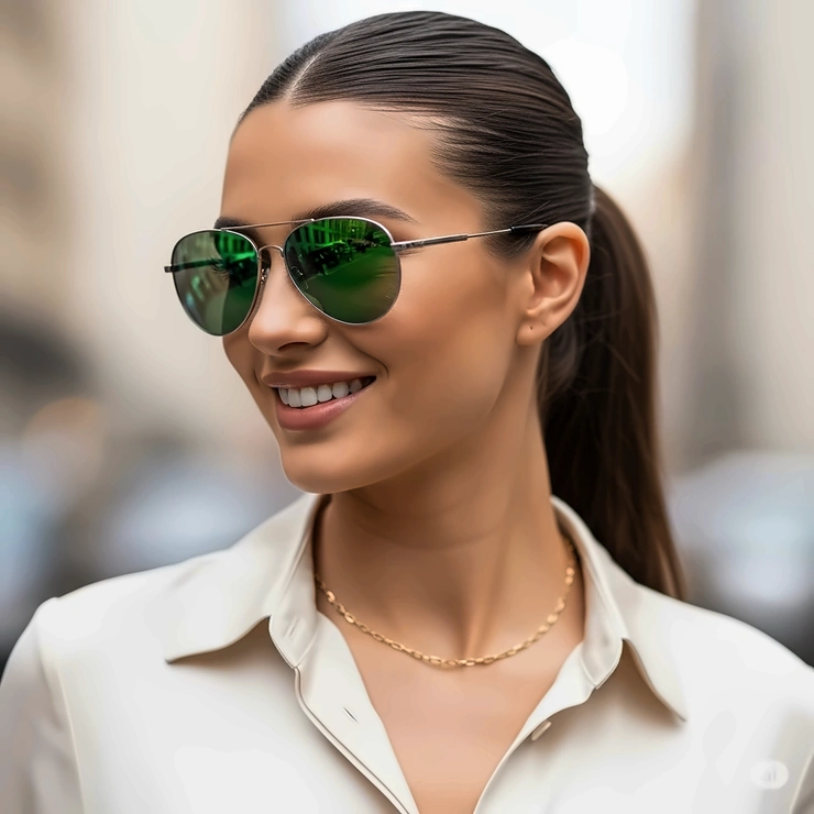 A fashionable woman with a sleek ponytail smiling while wearing a pair of modern green aviator sunglasses, highlighting how the style complements her face shape and outfit.