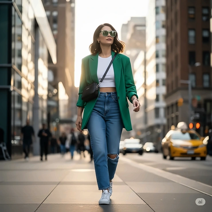 A woman confidently walking in a city street, wearing fashionable sunglasses with green lenses.
