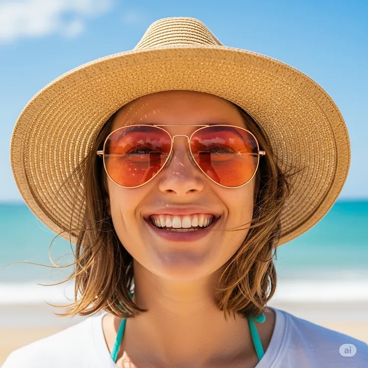 A woman smiling while wearing orange aviator sunglasses and a sun hat on a sunny beach, enjoying the bright day.