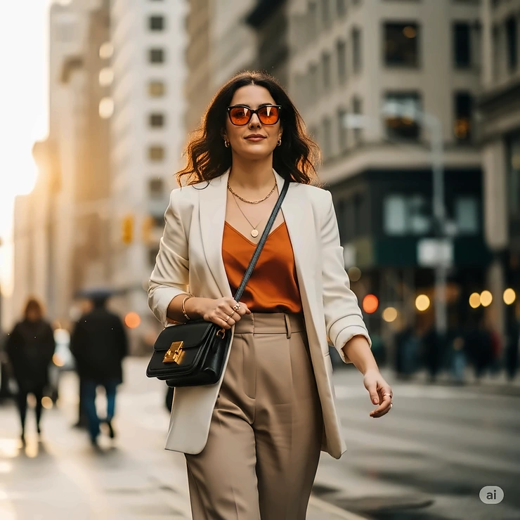 A stylish woman walking in a city street, wearing chic orange lens sunglasses that complement her outfit.