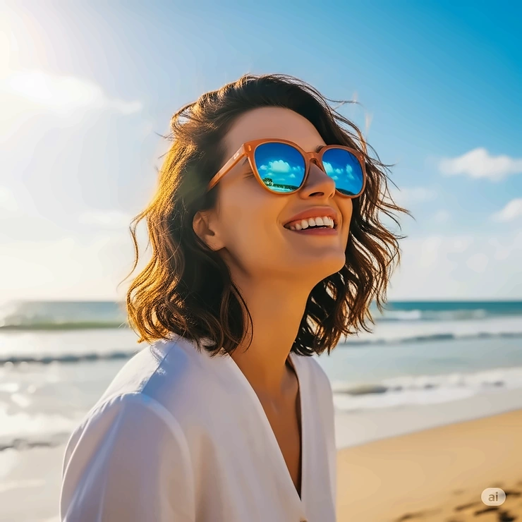 A smiling woman wearing trendy orange sunglasses while enjoying a sunny day at the beach.