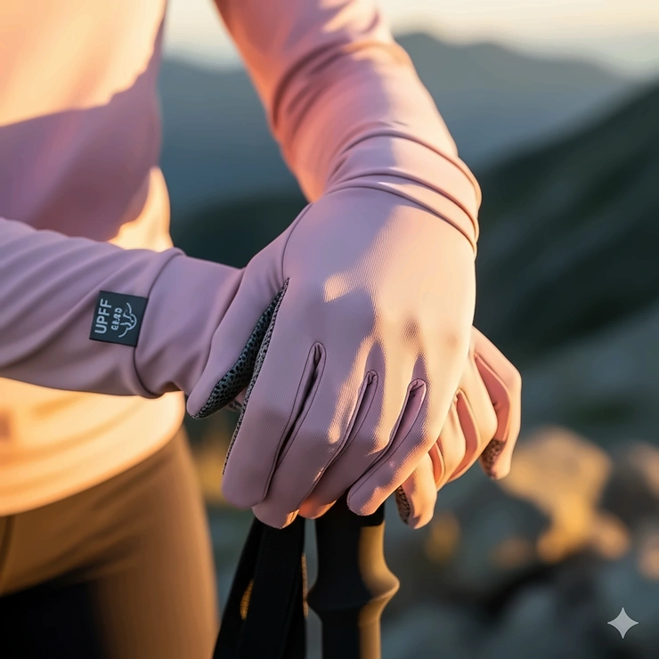 A female hiker's hands wearing a pair of pink or light-colored sun gloves for hiking, demonstrating a stylish and functional option for women who enjoy the outdoors.