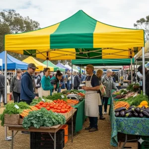 A bustling farmer's market scene with a vibrant, colored 10x15 pop up canopy providing shade and a professional look for a vendor's stall, showcasing its versatility for outdoor events.
