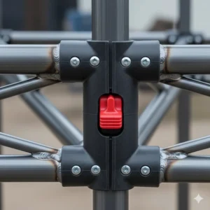 A detailed close-up shot of the reinforced steel truss bars and durable joints on a 10x15 pop up canopy frame, demonstrating the robust construction and easy push-button release for quick setup.