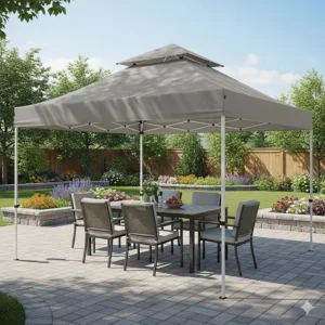 A stylish 10x15 pop up canopy positioned over a patio dining set, demonstrating its use as a temporary or permanent shade solution for backyard gatherings and residential use.
