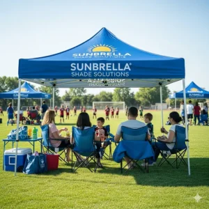 A group of people relaxing under a branded 10x15 pop up canopy at a youth soccer game, showcasing its ideal use for sideline sun protection and tailgating.