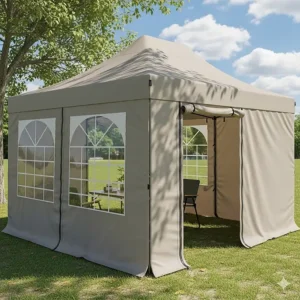 An image of a fully enclosed 10x15 pop up canopy with zippered sidewalls, highlighting the additional privacy and protection from wind and sun that this accessory provides.