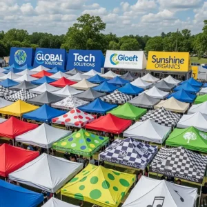Array of 10x20 pop up canopies in different colors, showcasing customization options for outdoor events.