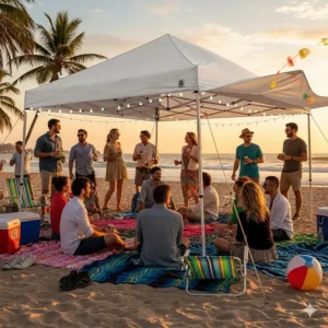 A group of people relaxing under a 10x20 pop up canopy at a beach party, emphasizing its use for large gatherings.