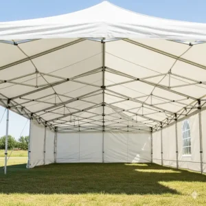 An interior shot of the spacious 10x20 pop up canopy, showing the vast open area and high ceiling perfect for accommodating large groups or multiple tables.