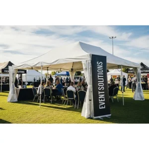 A complete view of the heavy-duty 10x20 pop up canopy in use at an outdoor event, showcasing its professional appearance and large coverage area.