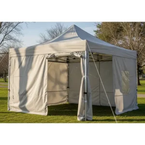 A 10x20 pop up canopy with attached side walls, demonstrating its versatility as a fully enclosed shelter.