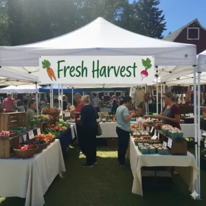 A commercial 10x20 pop up canopy used as a vendor booth at a farmer's market, with a banner and products visible.