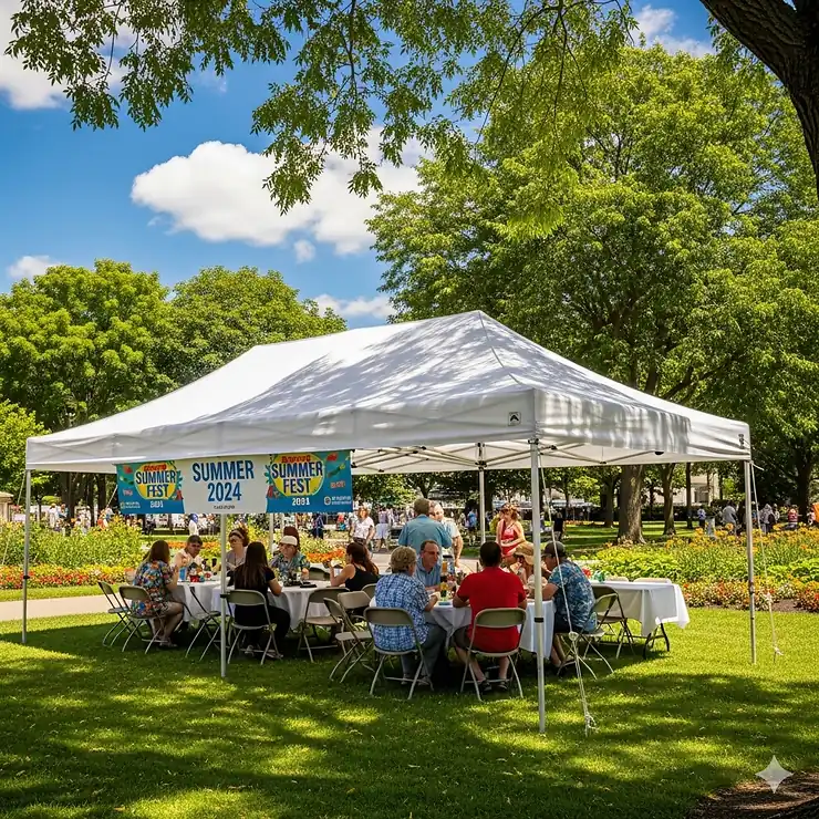 A large, professional-grade 10x20 pop up canopy in a park, providing shade for a successful outdoor event. canopy 10x20 pop up