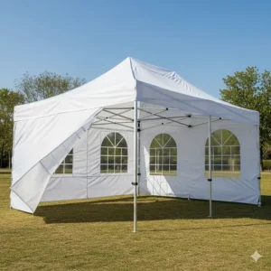 Full view of a white 10x20 pop up canopy set up with straight legs, highlighting its spacious design.