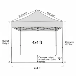 An illustration showing the precise dimensions and height of a 4x4 pop up canopy, including its footprint and clearance.