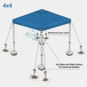 An illustration of a 4x4 pop up canopy secured with guy ropes and stakes, demonstrating its wind-resistant design for stability.