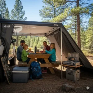 A family enjoying a camping trip under a 4x4 pop up canopy, which is providing shelter for their picnic table and gear.
