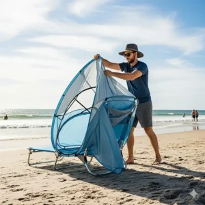 A person setting up a pop-up beach chair tent on the beach.