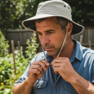 A man adjusting the chin strap on a practical gardening hat, demonstrating its secure fit for windy days.