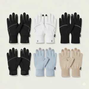 A flat-lay illustration showing a variety of different types of UV protection gloves, including full-fingered, fingerless, and different colors or materials. The image showcases the range of options available for consumers.