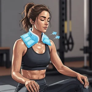 An illustration of a female athlete after a workout, using a flexible cool pack on her neck to soothe muscle soreness and inflammation, demonstrating its use for sports recovery.