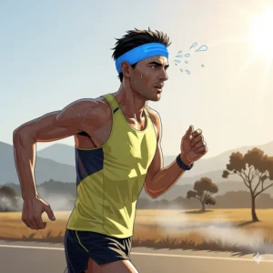 An illustration of a long-distance runner wearing a cooling headband to stay comfortable and focused on a hot day.
