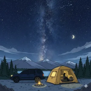 A vehicle with an auto tent set up against a backdrop of a clear, starry night sky.
