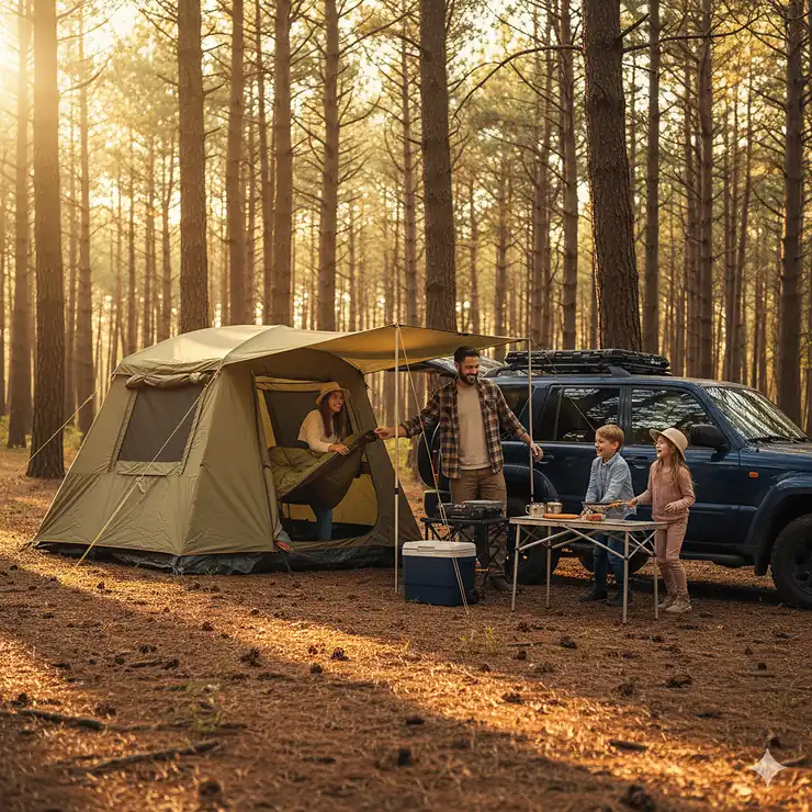 A family setting up an auto tent for a camping trip in a forest, with the tent attached to their SUV. auto tent camping