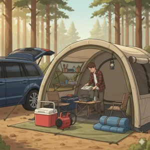 Camping gear organized neatly inside an auto tent, including a cooler, chairs, and cooking equipment.