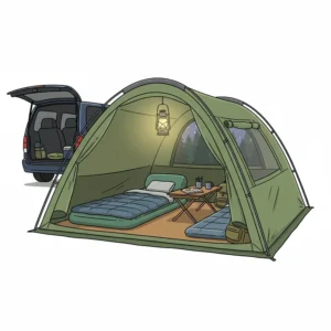 The interior of a spacious auto tent, showing a comfortable air mattress, sleeping bags, and small portable table.