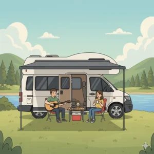 A portable, retractable awning extended from the side of a camper van, providing shade and a sitting area.