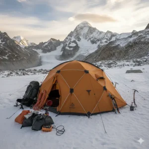 A durable base camp tent set up in a mountainous landscape, surrounded by gear, symbolizing a home away from home for mountaineers and adventurers.